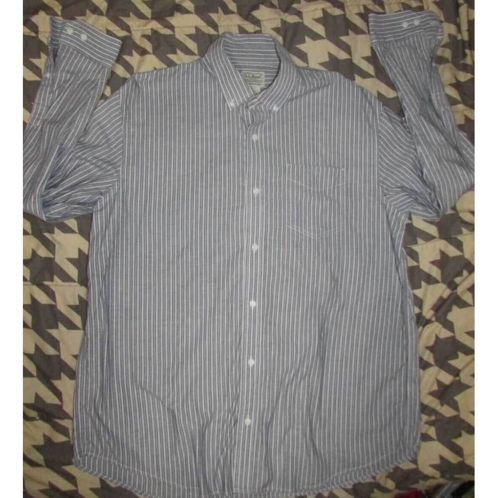 LL Bean Traditional Fit Button Down Shirt Size Large Blue White Striped